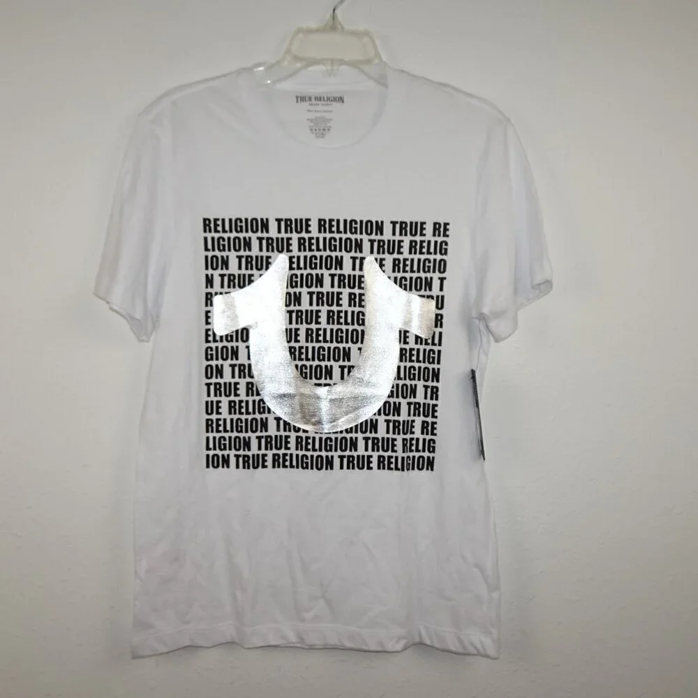 True Religion T-Shirt Men's Size S White Horseshoe Spell Out Logo Cotton